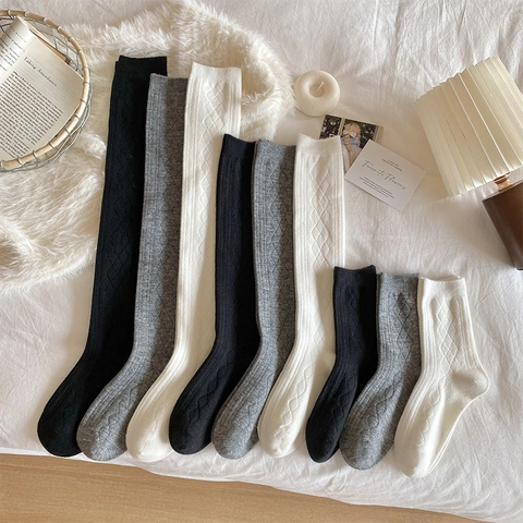Women Knit Over The Knee Socks Argyle Diamond Pattern Cashmere Blend Warm Winter Long Stockings Japanese Style Fashion