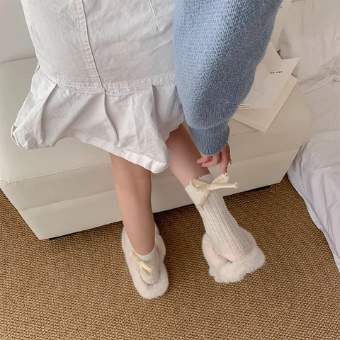 Damen Wollmischung Crew Socken Gerippter Strick Mittelwaden Warm Winter Strumpfwaren Mit Süßem Schleifenakzent