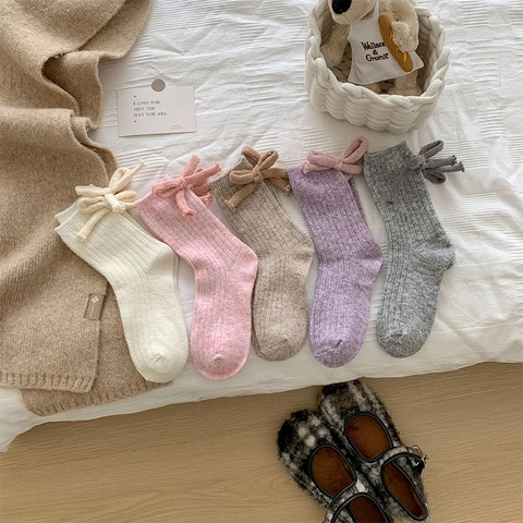 Damen Wollmischung Crew Socken Gerippter Strick Mittelwaden Warm Winter Strumpfwaren Mit Süßem Schleifenakzent