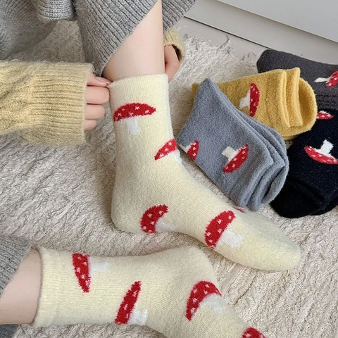 Calze Al Polpaccio Con Motivo Funghi Per Donne Ragazze Peluche Spesso Termico Caldo Inverno Stile Coreano