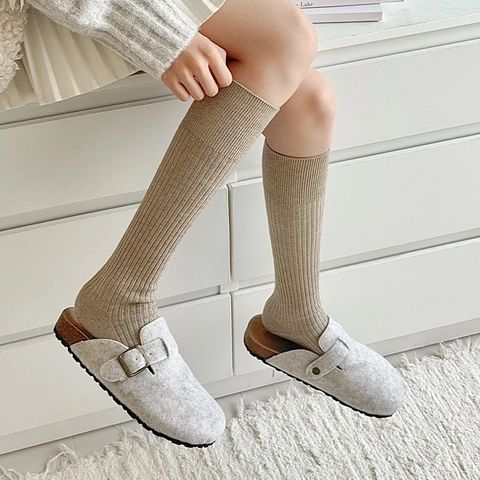 Calcetines Altos Hasta La Pantorrilla Para Mujer Mezcla De Cachemira Punto Canalé Grueso Cálido Invierno Color Sólido