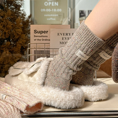 Dames Warme Verdikte Wol Gespikkeld Slouch Sokken Geribde Gebreide Minimalistisch Koreaans Stijl Winter Thermische Sokken Met Label