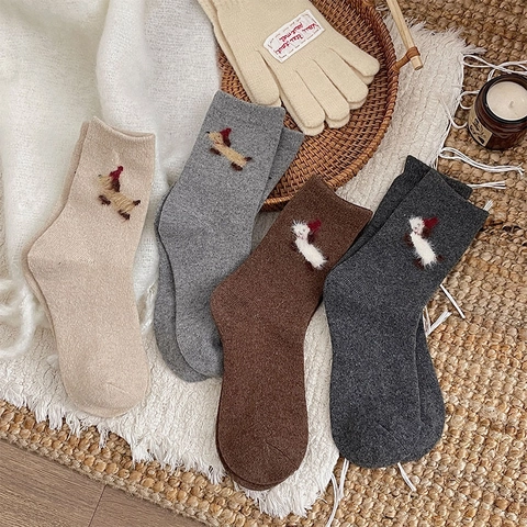 Calze Al Polpaccio Donna Spesse Calde Inverno Stile Giapponese Ricamo Cucciolo Floccato Decorazione Cappello Rosso Morbide