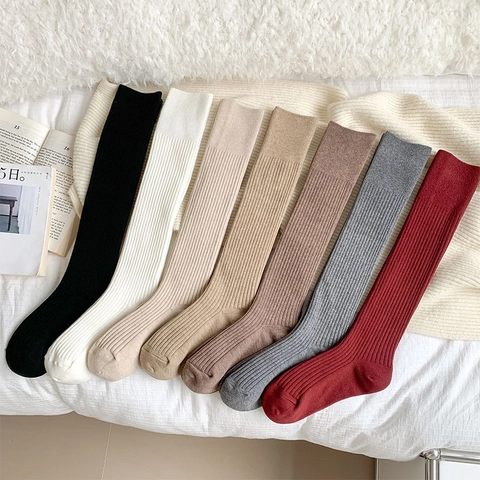 Calcetines Altos Hasta La Pantorrilla Para Mujer Mezcla De Cachemira Punto Canalé Grueso Cálido Invierno Color Sólido