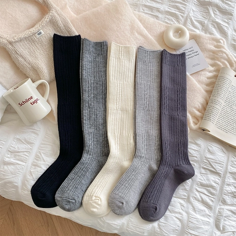 Women Cashmere Blend Over The Knee Socks Thicken Warm Japanese Style Rib-Knit Long Socks Solid Color Autumn Winter