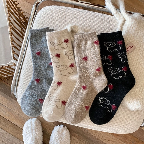 Chaussettes Épaisses Chaudes En Mélange De Laine Pour Femmes Motif Ours Chien Dessin Animé Style Slouch Mi Mollet Hiver