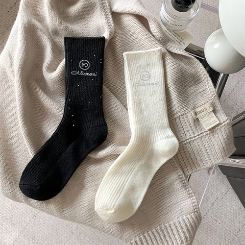 Mode Crew Socken Wollmischung Dick Warm Winter Rippstrick Mit Funkelnder Strass Buchstaben Bestickung Für Damen