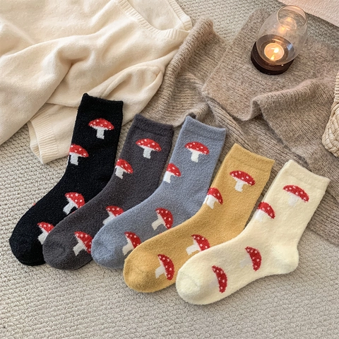 Calze Al Polpaccio Con Motivo Funghi Per Donne Ragazze Peluche Spesso Termico Caldo Inverno Stile Coreano