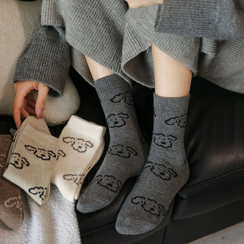 Calze Slouch Crew Donna Misto Lana Spesse Calde Inverno Motivo Jacquard Cucciolo Carino Stile Coreano Maglia