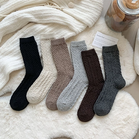 Calcetines De Media Pantorrilla Para Mujer Mezcla De Lana Gruesa Cálida Térmica Textura De Punto Gofre Vintage Color Sólido Moda