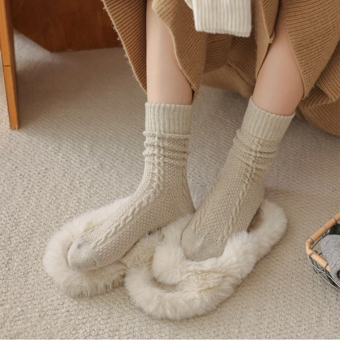 Chaussettes Mi-Mollet En Mélange De Laine Pour Femmes Tricot Torsadé Épais Chaud Thermique Hiver Automne Style Japonais Confortable