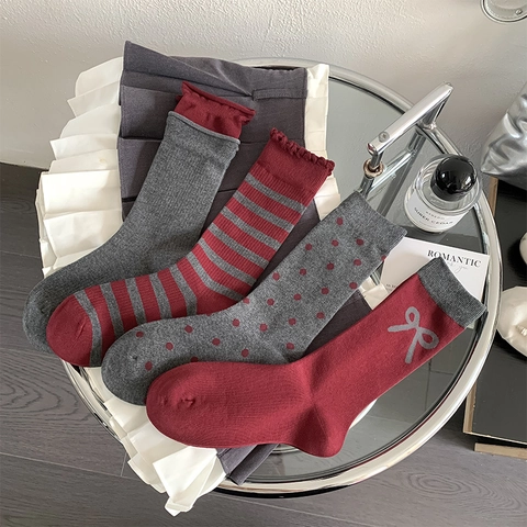 Calze Vintage Da Donna Rosso Vino Grigio Fiocco Righe Pois Bordo Arricciato Cotone Stile Preppy