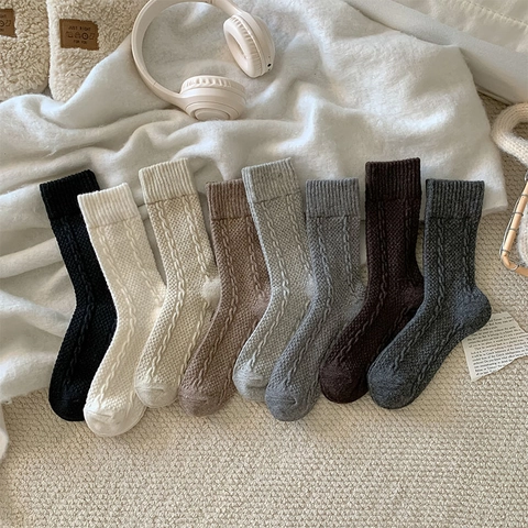 Chaussettes Mi-Mollet En Mélange De Laine Pour Femmes Tricot Torsadé Épais Chaud Thermique Hiver Automne Style Japonais Confortable