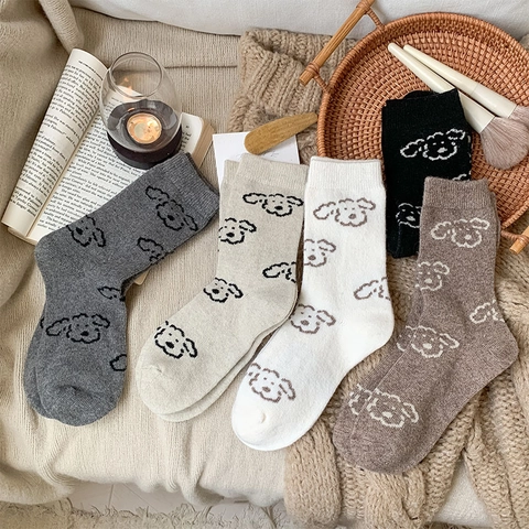 Calze Slouch Crew Donna Misto Lana Spesse Calde Inverno Motivo Jacquard Cucciolo Carino Stile Coreano Maglia