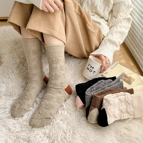Calze Al Polpaccio Donna Misto Lana Spesse Retro Calde Inverno Stile Giapponese Motivo In Rilievo Tallone A Contrasto