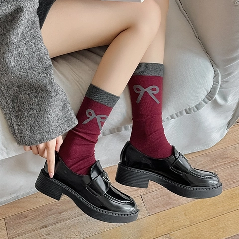 Calze Vintage Da Donna Rosso Vino Grigio Fiocco Righe Pois Bordo Arricciato Cotone Stile Preppy