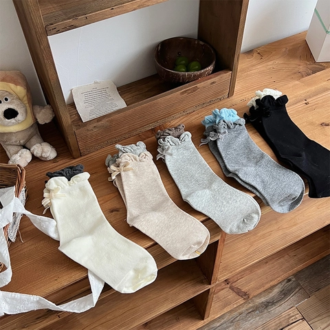 Women Sweet Ruffle Edge Mid-Calf Socks Ribbon Bow Cotton Blend Breathable Japanese Style Stacking Casual Leg Warmers