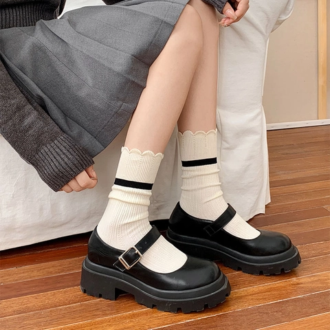Women Cotton Blend Ribbed Mid-Calf Crew Socks With Ruffle Edge Contrast Stripes Preppy Style Soft Breathable