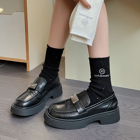 Mode Crew Socken Wollmischung Dick Warm Winter Rippstrick Mit Funkelnder Strass Buchstaben Bestickung Für Damen