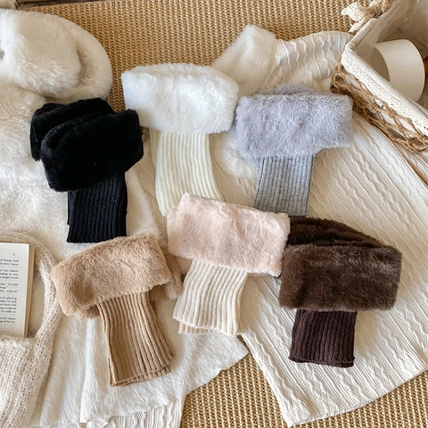 Beinstiefelstulpen Mit Kunstpelzbesatz Rippstrick Polyester Beinwärmer Winter Warm Verdickt Japanischer Stil Für Damen