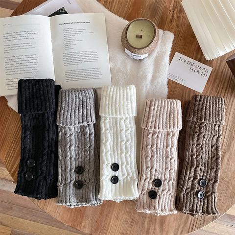 Women Knit Leg Warmers Acrylic Cable Ribbed Stripe Button Decor Sweet Vintage Harajuku Boot Cuffs Warm Winter