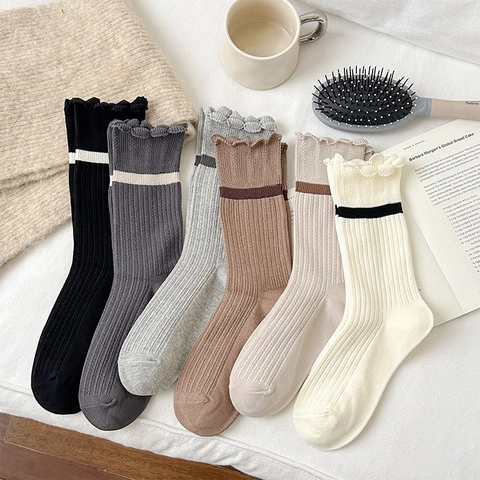 Women Cotton Blend Ribbed Mid-Calf Crew Socks With Ruffle Edge Contrast Stripes Preppy Style Soft Breathable