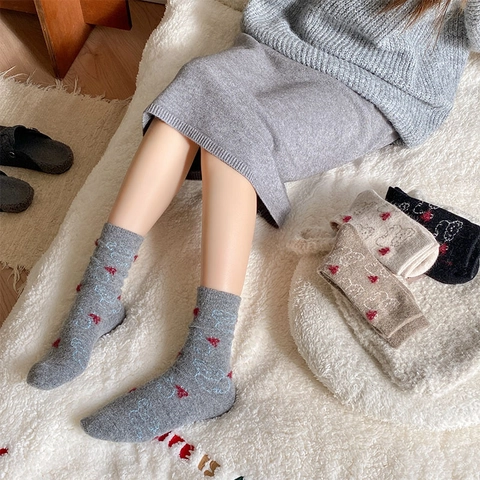 Chaussettes Épaisses Chaudes En Mélange De Laine Pour Femmes Motif Ours Chien Dessin Animé Style Slouch Mi Mollet Hiver