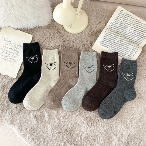 Women Mid Calf Slouch Socks Thick Warm Acrylic Knit Cartoon Bear Embroidery Japanese Preppy Style Cozy