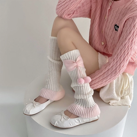 Scaldamuscoli Donna Maglia Acrilica Fiocco Pom Pon Peluche Stile Lolita Y2K Dolci