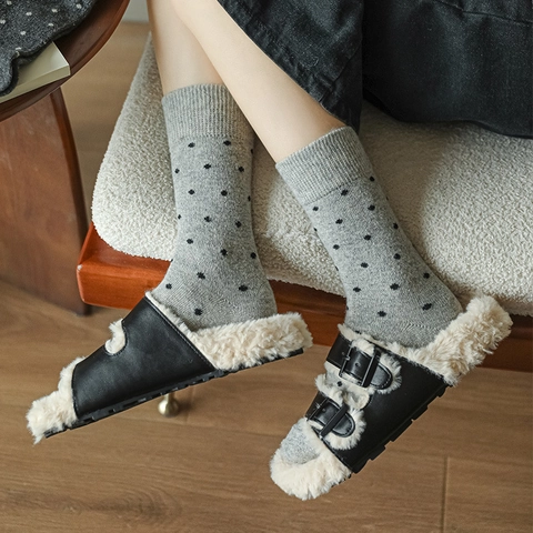 Damen Vintage Polka Dot Socken Verdickt Warm Acryl Strick Crew Socken Gerippte Bündchen Winter