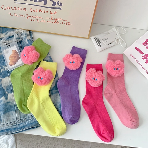 Women Mid-Calf Socks Cotton Ribbed Knit Sweet Candy Color 3D Plush Heart Decor Korean Ins Style Elastic Breathable