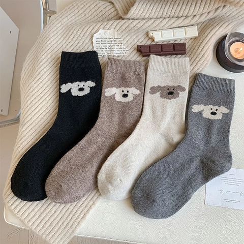 Damen Slouch Socken Dick Warm Wollmischung Jacquard Cartoon Hund Muster Japanischer Stil Lässige Crew Socken