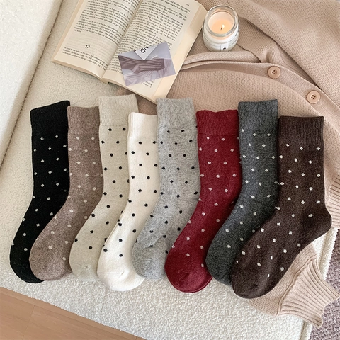 Damen Vintage Polka Dot Socken Verdickt Warm Acryl Strick Crew Socken Gerippte Bündchen Winter