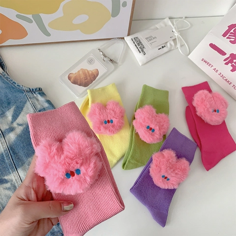 Women Mid-Calf Socks Cotton Ribbed Knit Sweet Candy Color 3D Plush Heart Decor Korean Ins Style Elastic Breathable
