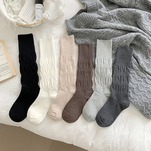 Women Slouch Socks Cotton Ribbed Knit Solid Color Autumn Winter Japanese JK Style Retro Versatile Loose Hosiery