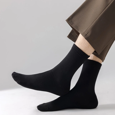 Men Crew Socks Cotton Blend Solid Color Ribbed Cuff Breathable Sweat Absorbent Business Casual Style