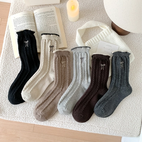 Women's Wool Blend Slouch Socks Cable Knit Thick Warm Mid-Calf With Bow Embroidery Ruffle Cuff Sweet Style