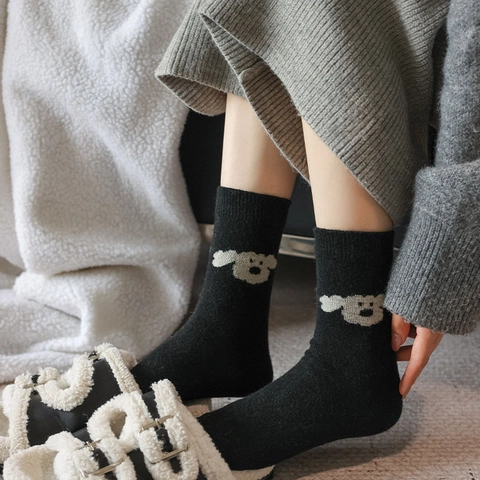 Damen Slouch Socken Dick Warm Wollmischung Jacquard Cartoon Hund Muster Japanischer Stil Lässige Crew Socken