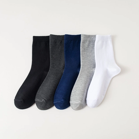 Men Crew Socks Cotton Blend Solid Color Ribbed Cuff Breathable Sweat Absorbent Business Casual Style