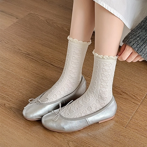 Chaussettes Douces À Volants Pour Femmes Mélange De Coton Jacquard Ajouré Tricot Style Japonais Rétro Slouchy