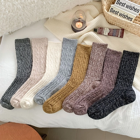 Women Wool Blend Cable Knit Socks Thickened Warm Winter Mid Calf Slouch Hosiery Simple Versatile Solid Color