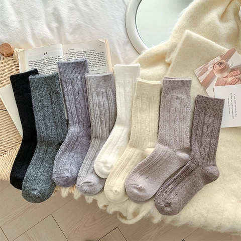 Damen Wollmischung Slouch Socken Verdickte Warme Winter Zopfmuster Wadenlang Einfarbig Lässig Weich Thermo