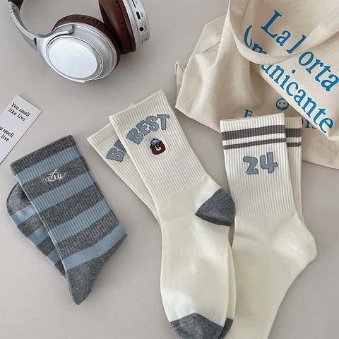 Calze Al Polpaccio Da Donna Misto Cotone Traspirante Casual Stile Giapponese Ricamo Orso A Righe Sportivo
