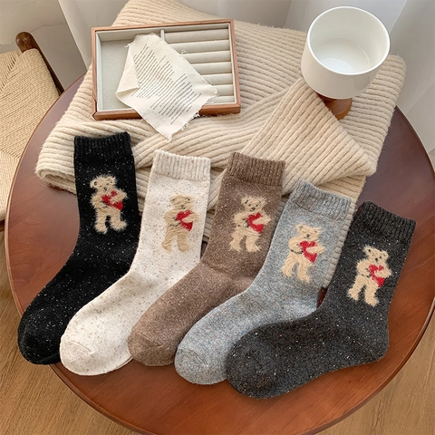 Calcetines Media Pantorrilla Mezcla De Lana Gruesos Cálidos Invierno Estampado Oso Corazón Punto Kawaii Mujer