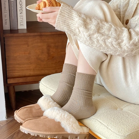 Women Wool Blend Slouch Socks Thick Warm Ribbed Knit Mid Tube Hosiery Japanese Retro Solid Color