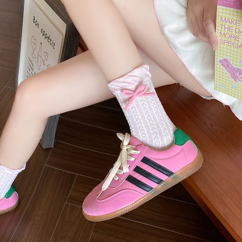 Women Sweet Bow Slouch Socks Cotton Blend Cable Knit Ruffle Edge Crew Length Fashion Socks
