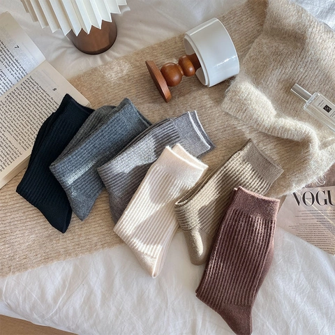 Women Wool Blend Slouch Socks Thick Warm Ribbed Knit Mid Tube Hosiery Japanese Retro Solid Color