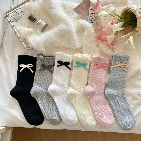 Women Sweet Bow Slouch Socks Cotton Blend Cable Knit Ruffle Edge Crew Length Fashion Socks