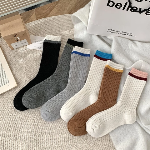 Calze Slouch Donna Misto Lana Spesse Calde Polpaccio Maglia A Coste Color Block Design Crew Socks Autunno