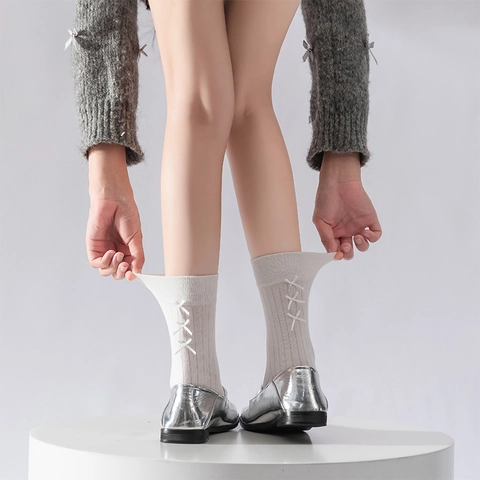 Women Crew Socks Cotton Ribbed Ribbon Bow Tie Accent Ballet Style Lolita Sweet Solid Color Casual